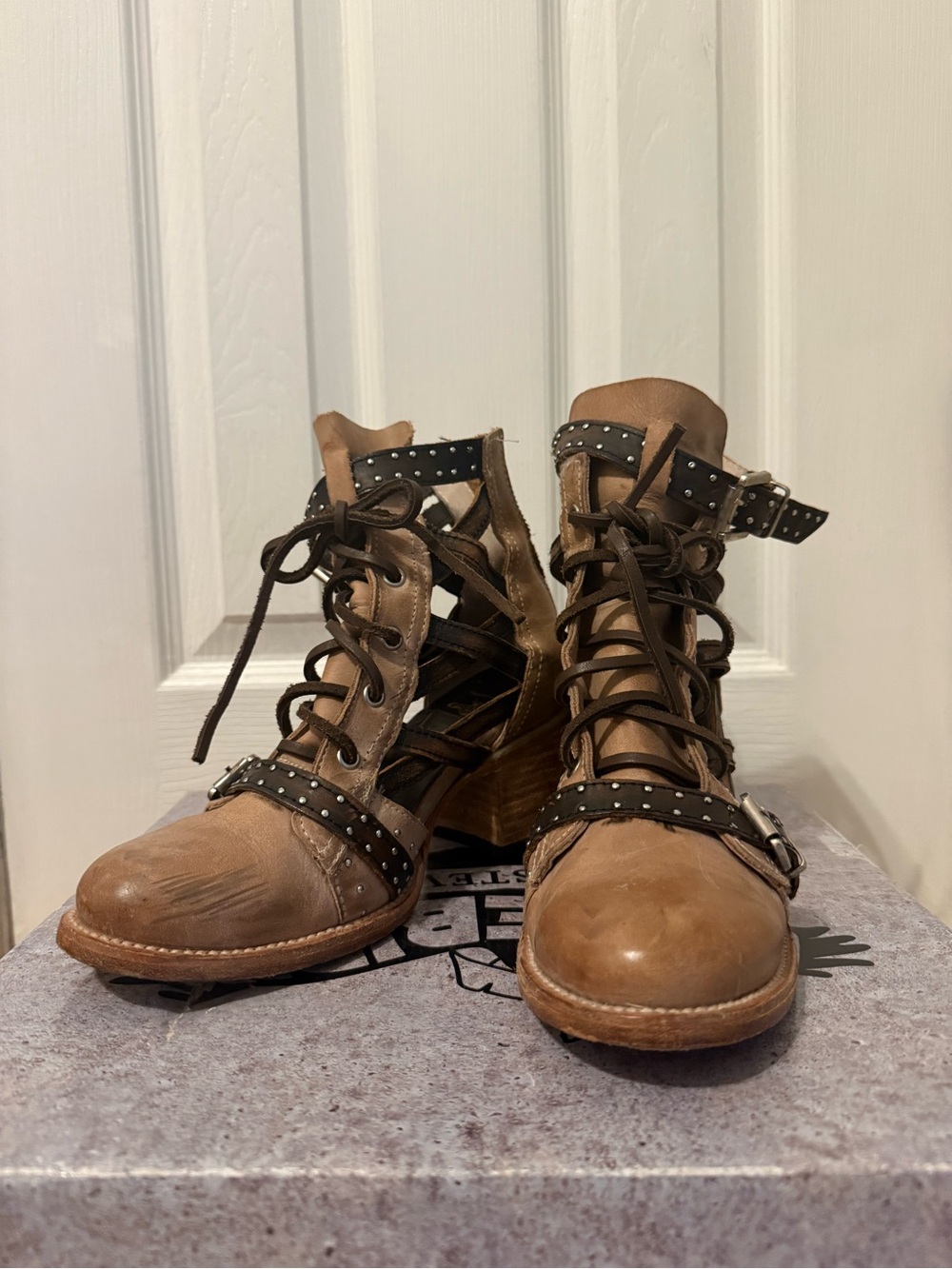 Freebird by Steven Tan Lace-Up Studded Open-Side Heeled Ankle Boots